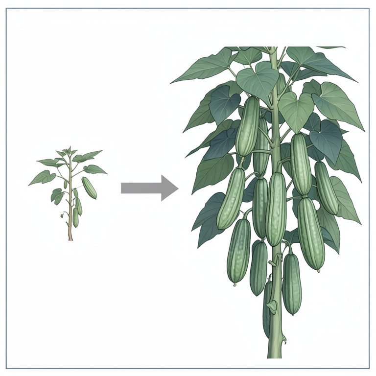 AI-generated conceptual illustration (hybrid ridge gourd plants (Luffa acutangula L.)). It explains the idea and does not show study data.