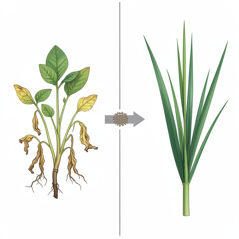 AI-generated conceptual illustration (Rice seedlings (Oryza sativa) and broadleaf weed seedlings (Sphenoclea zeylanica and Eclipta prostrata)). It explains the idea and does not show study data.