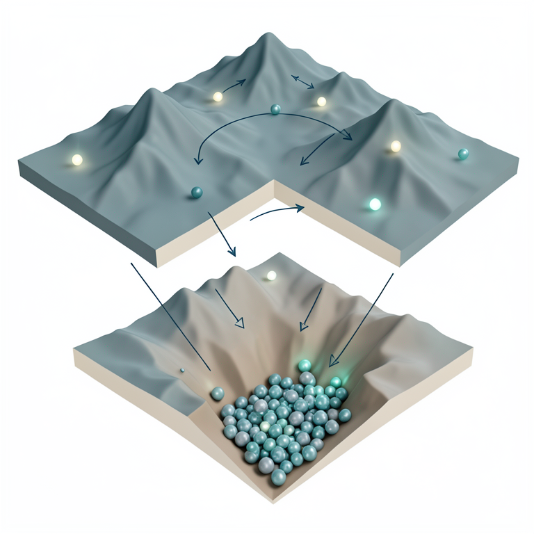 AI-generated conceptual illustration (A 3D mathematical landscape representing a cost function surface). It explains the idea and does not show study data.