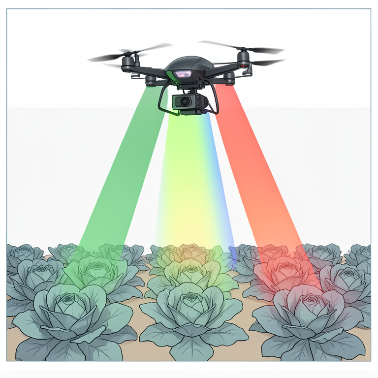 AI-generated conceptual illustration (multirotor drone and a field of lettuce plants). It explains the idea and does not show study data.