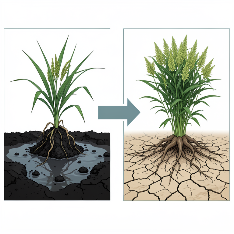 AI-generated conceptual illustration (Pearl millet and rice plants in contrasting soil environments). It explains the idea and does not show study data.