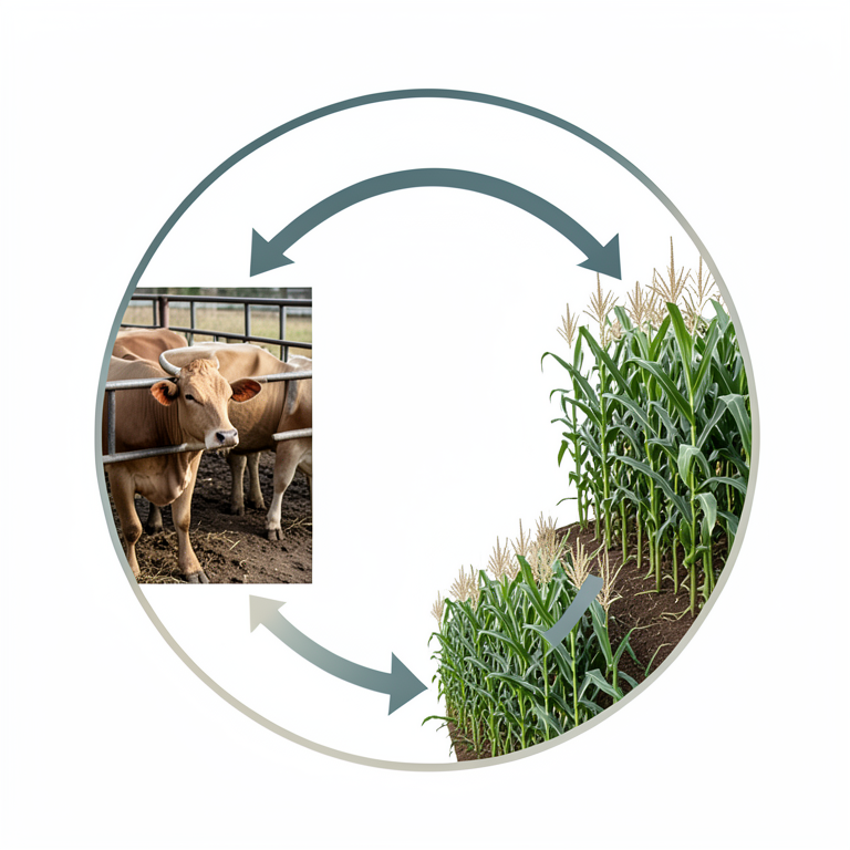 AI-generated conceptual illustration (Madurese cattle and corn crops). It explains the idea and does not show study data.