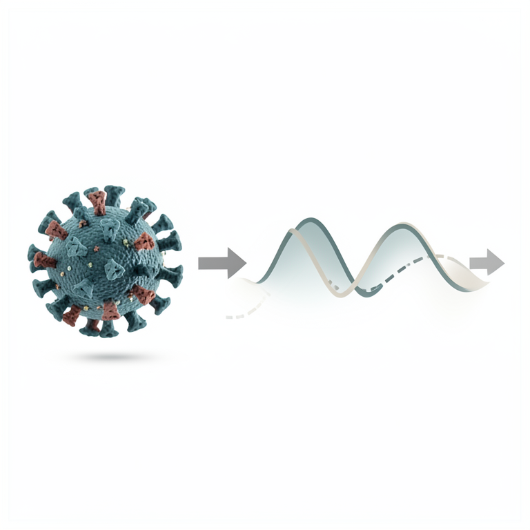 AI-generated conceptual illustration (COVID-19 virus particles and a digital timeline). It explains the idea and does not show study data.