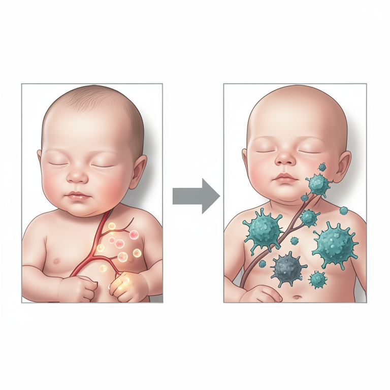AI-generated conceptual illustration (neonatal blood plasma and Gram-negative bacilli bacteria). It explains the idea and does not show study data.