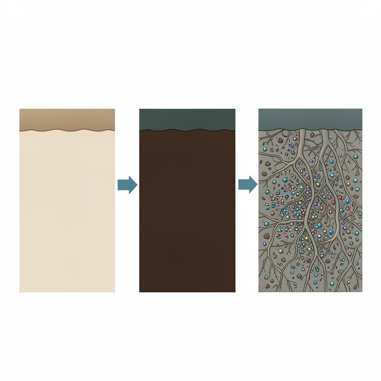 AI-generated conceptual illustration (Agricultural soil profiles with crop roots). It explains the idea and does not show study data.