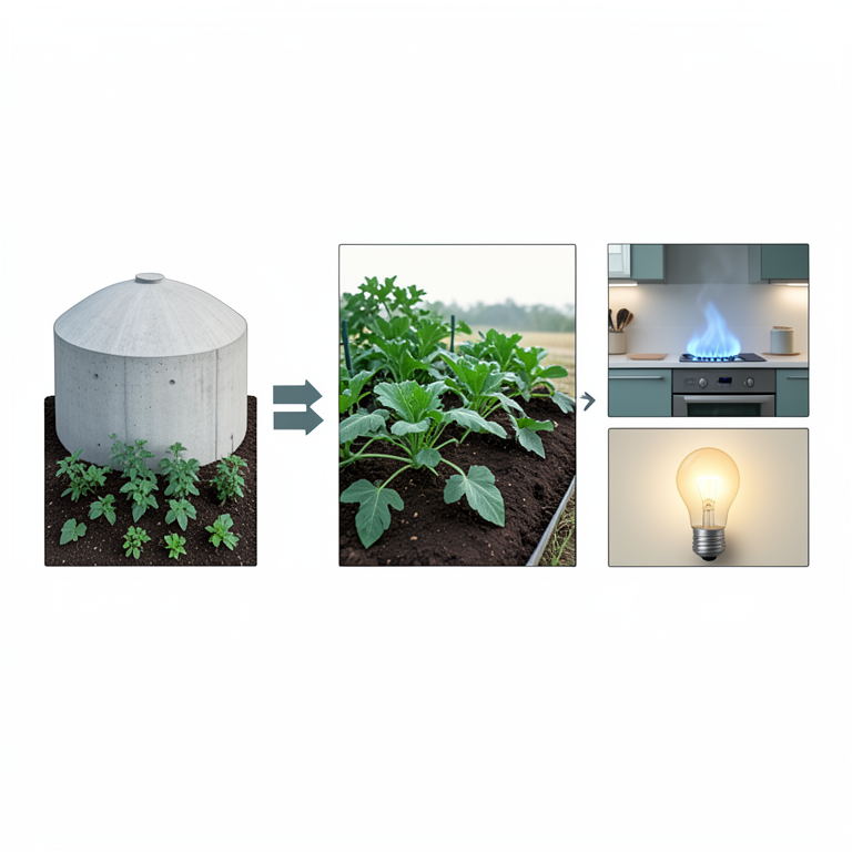 AI-generated conceptual illustration (A rural biogas digester system and its associated agricultural and domestic environment). It explains the idea and does not show study data.