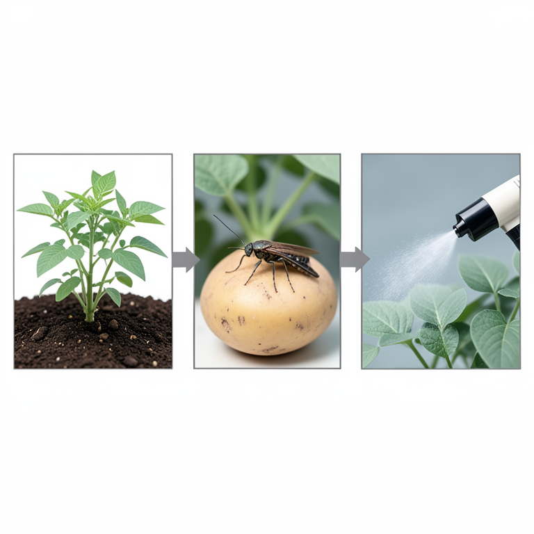 AI-generated conceptual illustration (potato plants and potato tuber moths). It explains the idea and does not show study data.