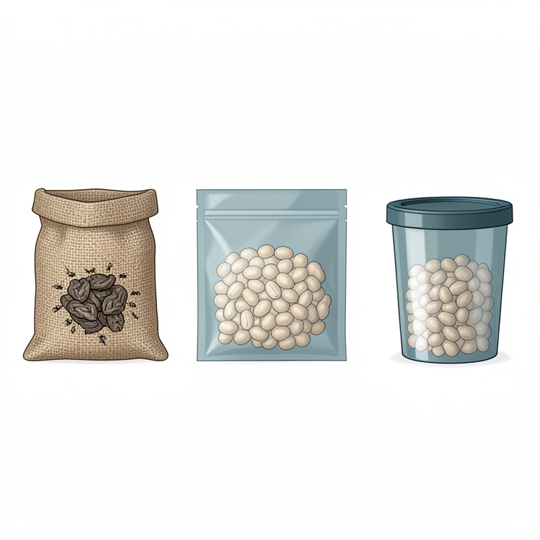 AI-generated conceptual illustration (dried mung beans in various packaging materials). It explains the idea and does not show study data.