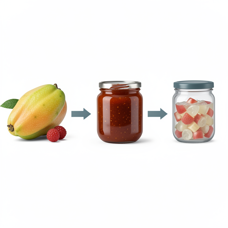 AI-generated conceptual illustration (Star fruit, Cape gooseberry, and processed fruit preserves). It explains the idea and does not show study data.