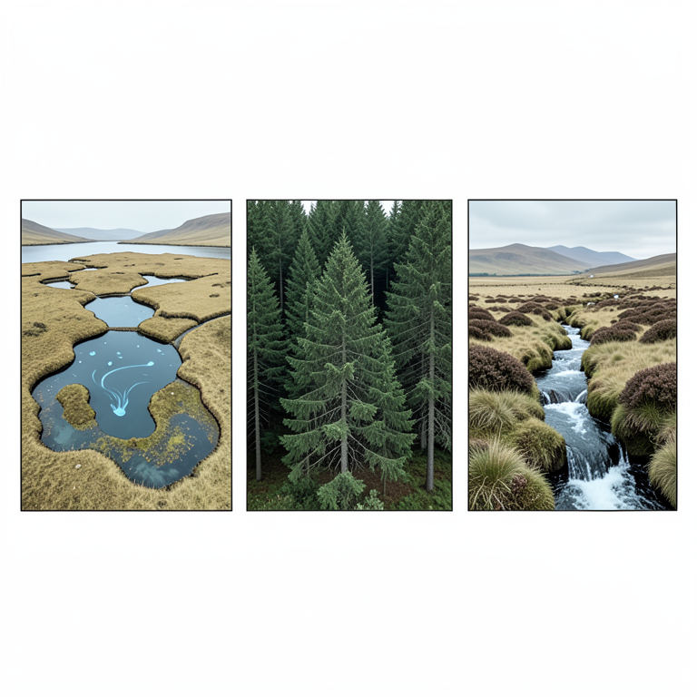 AI-generated conceptual illustration (Scottish highland headwater catchments featuring peatland, coniferous forest, and open moorland). It explains the idea and does not show study data.