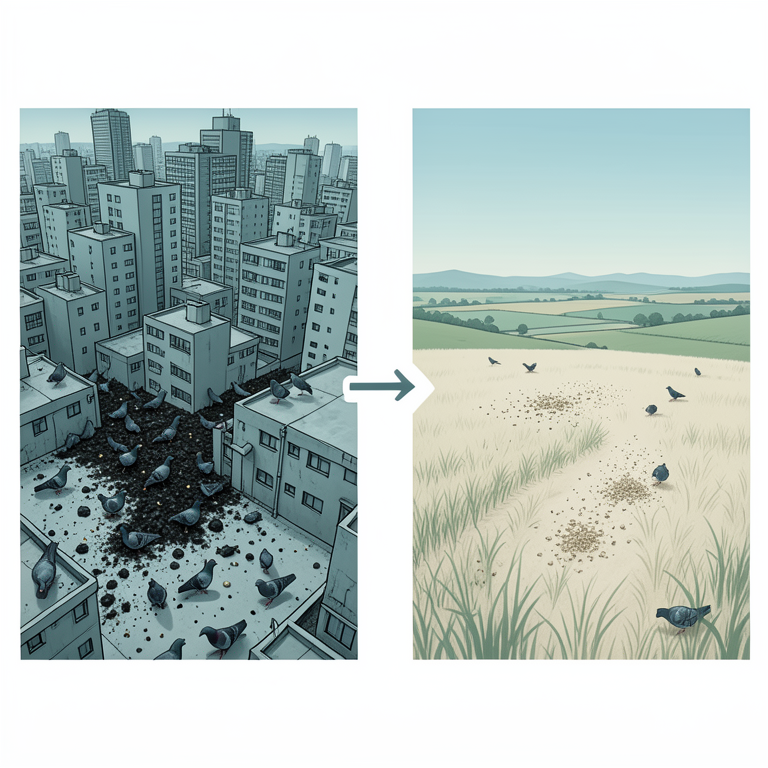 AI-generated conceptual illustration (pigeon excreta in urban and periurban environments). It explains the idea and does not show study data.