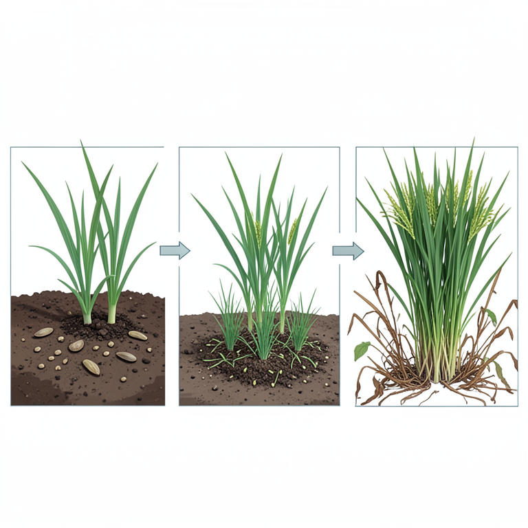 AI-generated conceptual illustration (transplanted rice plants and common weeds (grasses, sedges, and broadleaf weeds) in a paddy field). It explains the idea and does not show study data.