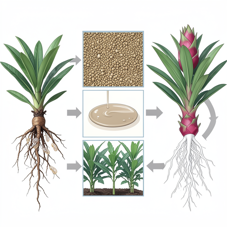 AI-generated conceptual illustration (dragon fruit plants (Hylocereus spp.) and root-knot nematodes). It explains the idea and does not show study data.