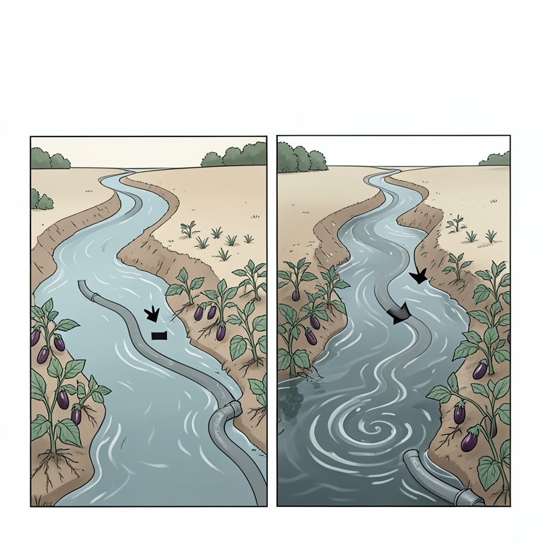 AI-generated conceptual illustration (eggplant plants in a river floodplain). It explains the idea and does not show study data.