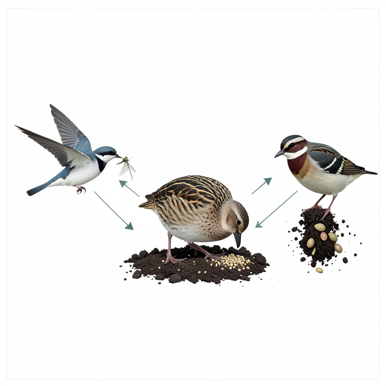 AI-generated conceptual illustration (Barn swallows and ground-feeding birds in a crop field). It explains the idea and does not show study data.
