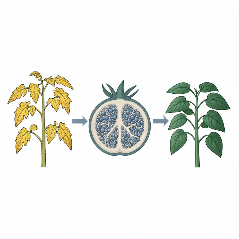 AI-generated conceptual illustration (tomato plants (Solanum lycopersicum L.)). It explains the idea and does not show study data.