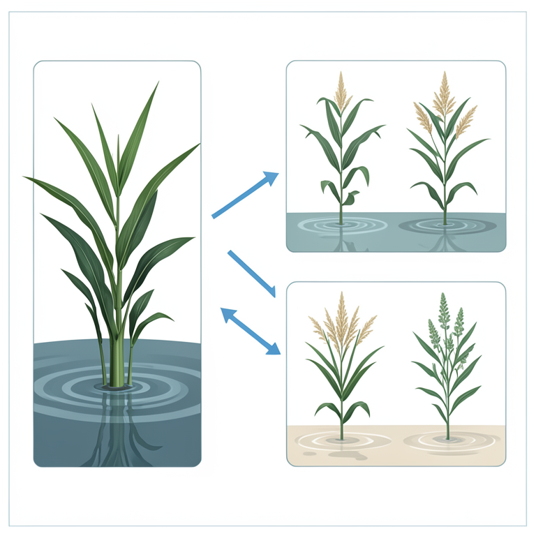 AI-generated conceptual illustration (paddy plants, maize plants, millet plants, and pulse plants in a field). It explains the idea and does not show study data.