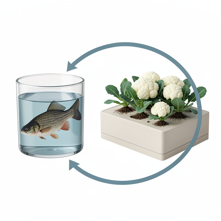 AI-generated conceptual illustration (cauliflower plants and tilapia fish in an aquaponics system). It explains the idea and does not show study data.