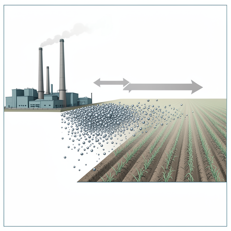 AI-generated conceptual illustration (agricultural soil and an industrial factory complex). It explains the idea and does not show study data.