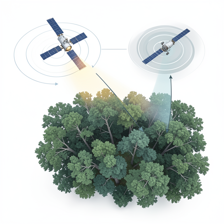 AI-generated conceptual illustration (temperate forest canopy and two satellites). It explains the idea and does not show study data.