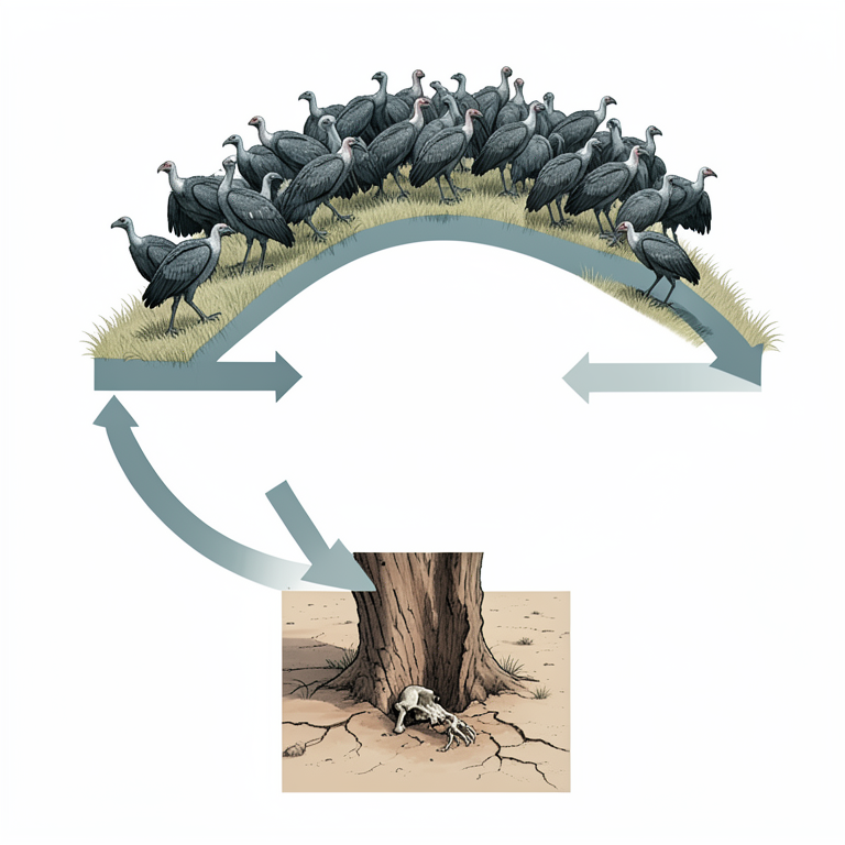 AI-generated conceptual illustration (White-rumped vultures in South Asian grasslands). It explains the idea and does not show study data.