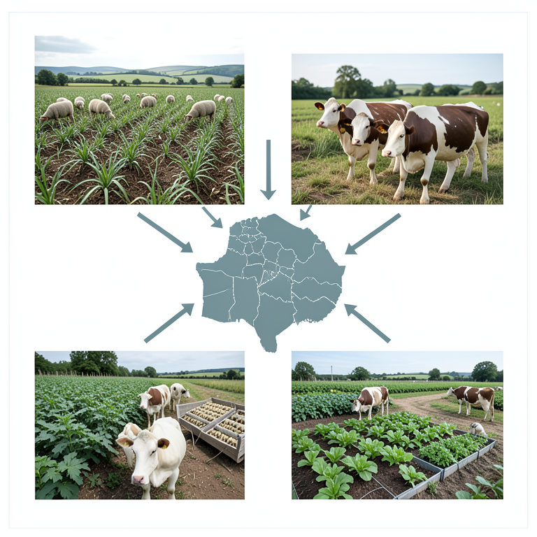 AI-generated conceptual illustration (Mixed farming systems including crops, sheep, dairy cows, silkworms, and vegetable gardens). It explains the idea and does not show study data.