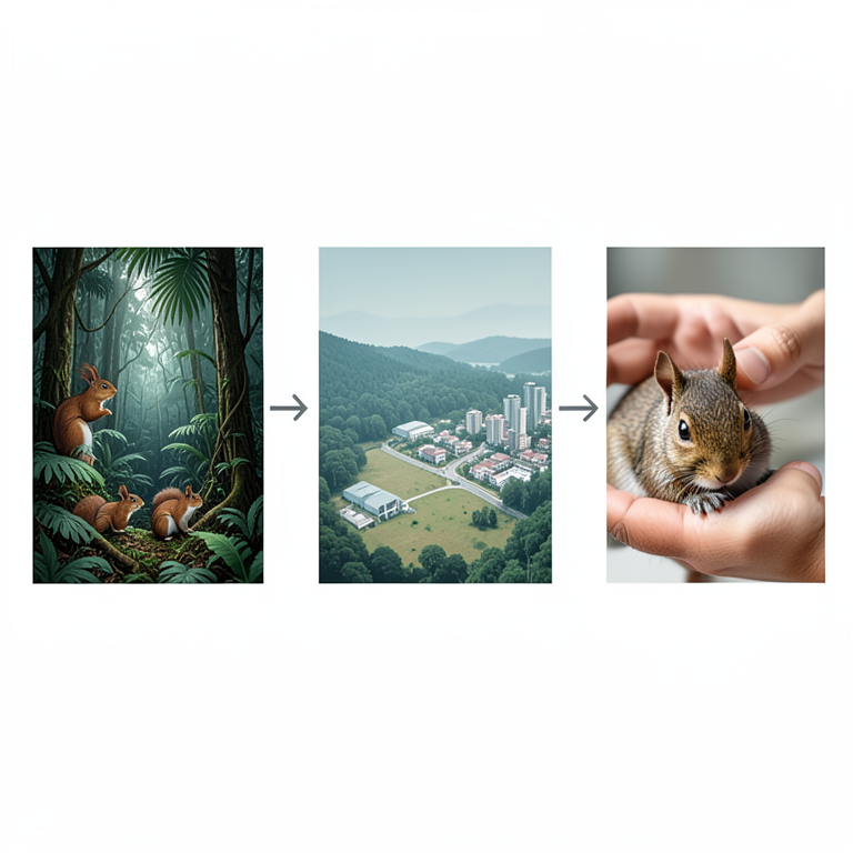 AI-generated conceptual illustration (African squirrels and humans in a fragmented forest landscape). It explains the idea and does not show study data.