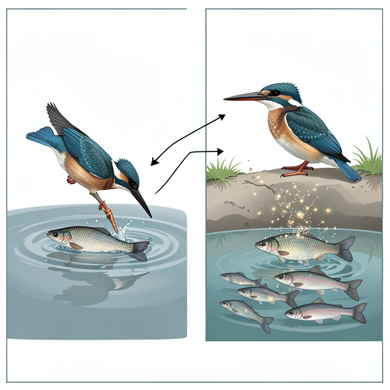 AI-generated conceptual illustration (tilapia fish in an earthen aquaculture pond with a kingfisher bird). It explains the idea and does not show study data.