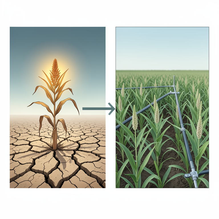 AI-generated conceptual illustration (pearl millet and sorghum fodder crops in a semi-arid Rajasthan landscape). It explains the idea and does not show study data.