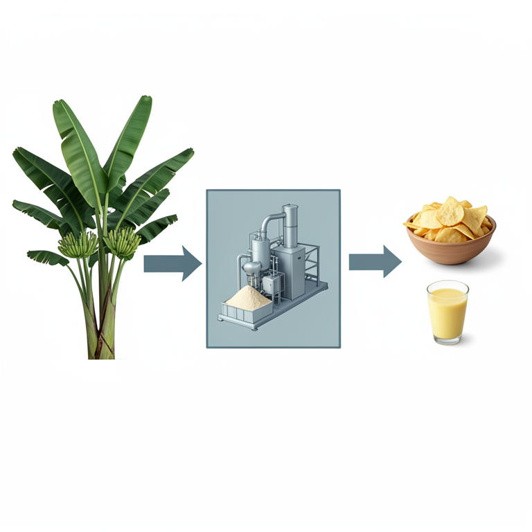 AI-generated conceptual illustration (Banana plants and processed banana products). It explains the idea and does not show study data.