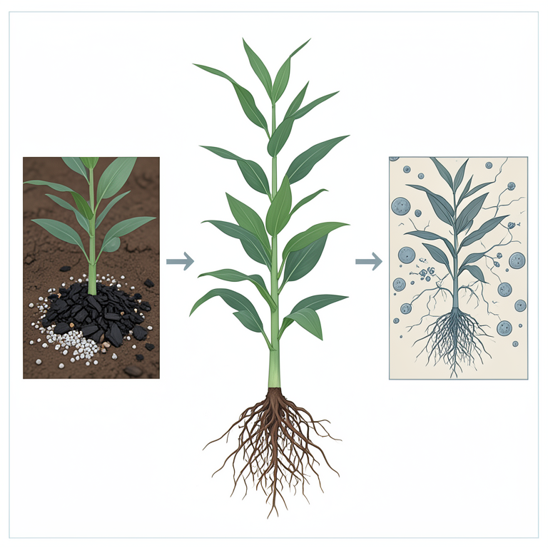 AI-generated conceptual illustration (maize plants in soil). It explains the idea and does not show study data.