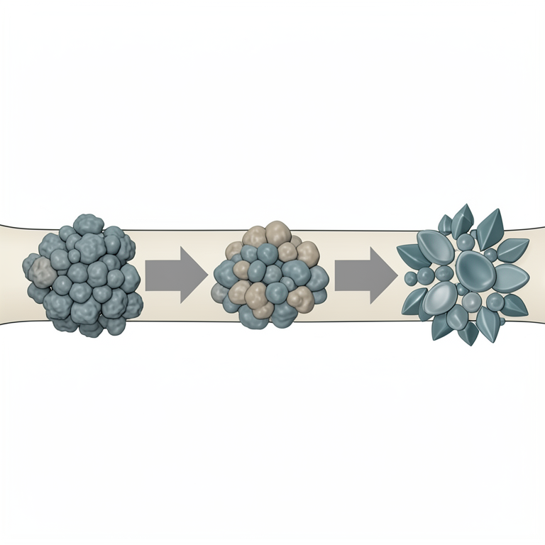 AI-generated conceptual illustration (collagen fiber scaffolds with calcium phosphate crystals). It explains the idea and does not show study data.