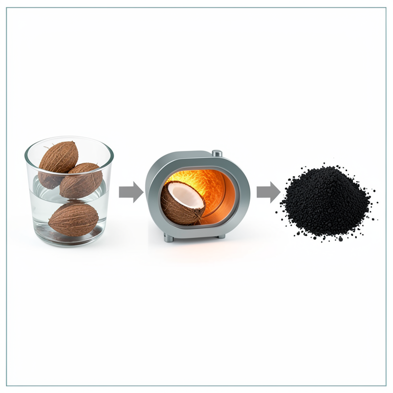 AI-generated conceptual illustration (coconut shells and a tube furnace). It explains the idea and does not show study data.