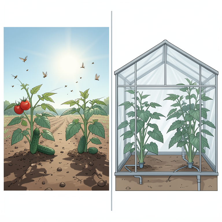 AI-generated conceptual illustration (Tomato, cucumber, and lettuce plants in open-field and greenhouse settings). It explains the idea and does not show study data.