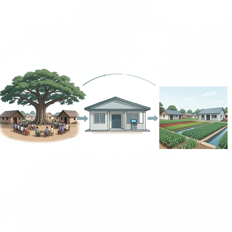 AI-generated conceptual illustration (Rural Indian village landscape with traditional houses, farmland, and a community meeting hall). It explains the idea and does not show study data.