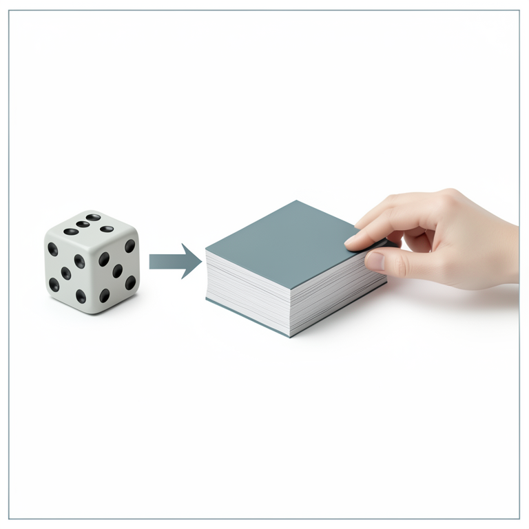 AI-generated conceptual illustration (Two mechanical randomization devices (dice) and a set of printed statement cards). It explains the idea and does not show study data.