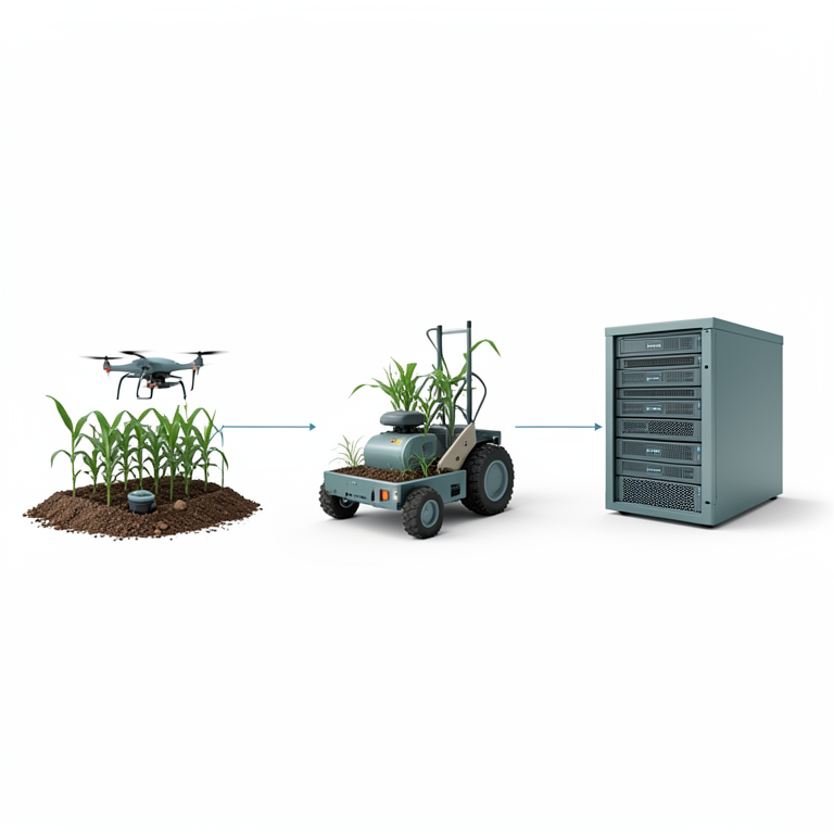 AI-generated conceptual illustration (a corn field with integrated smart farming technology). It explains the idea and does not show study data.