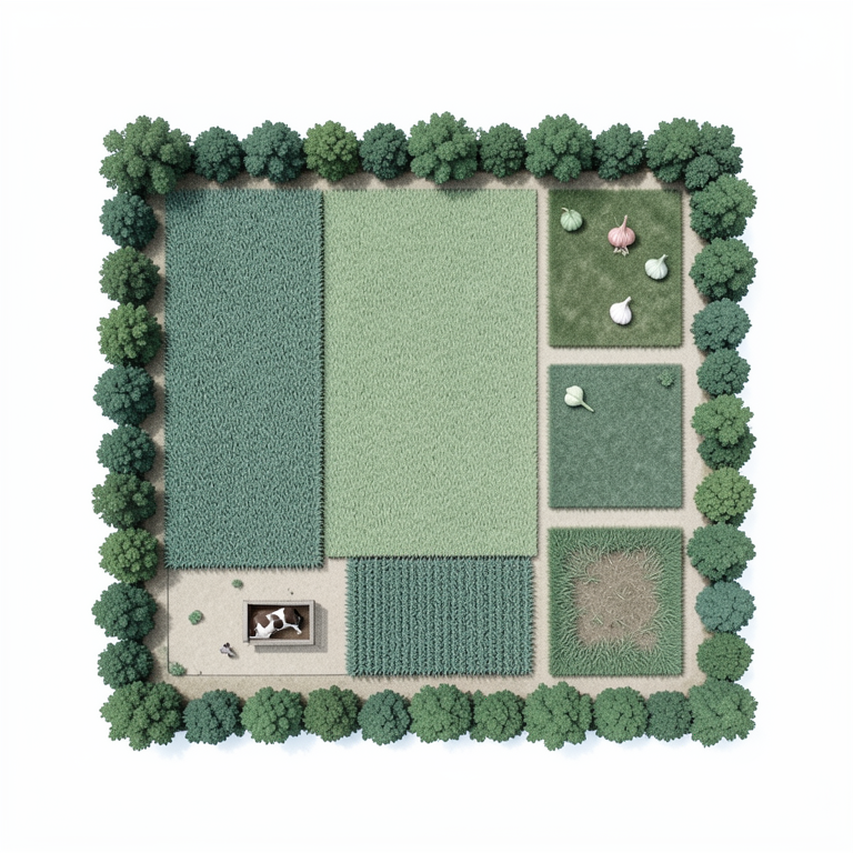 AI-generated conceptual illustration (a small-scale integrated farming system on a 0.4 hectare plot of land). It explains the idea and does not show study data.