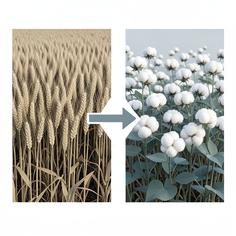 AI-generated conceptual illustration (Agricultural fields in Gujarat, India, featuring wheat, rice, cotton, and oilseed plants). It explains the idea and does not show study data.