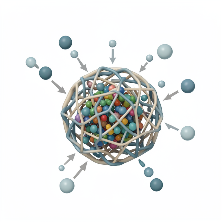AI-generated conceptual illustration (pomegranate seed-enriched smoothie powder particle). It explains the idea and does not show study data.
