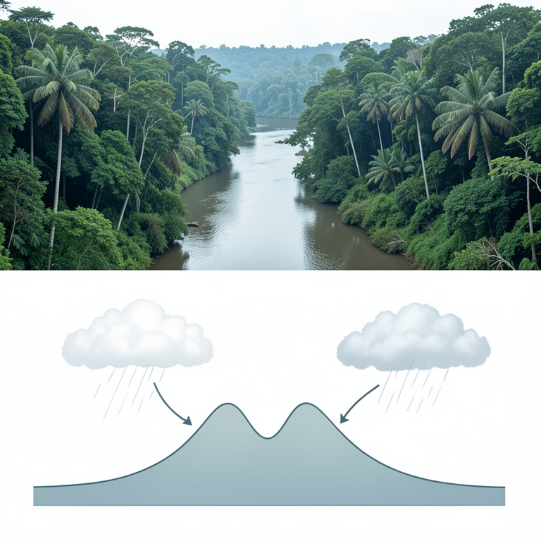 AI-generated conceptual illustration (The Congo River basin and its water discharge cycle). It explains the idea and does not show study data.