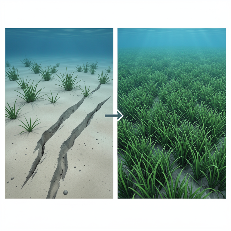 AI-generated conceptual illustration (Posidonia oceanica seagrass meadows in the Mediterranean Sea). It explains the idea and does not show study data.