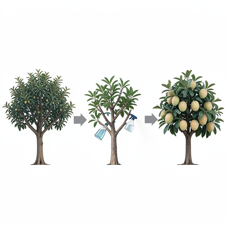 AI-generated conceptual illustration (custard apple trees (Annona squamosa L.) cv. Balanagar). It explains the idea and does not show study data.