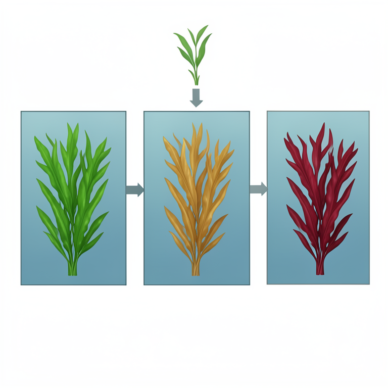 AI-generated conceptual illustration (Green, brown, and red seaweeds). It explains the idea and does not show study data.