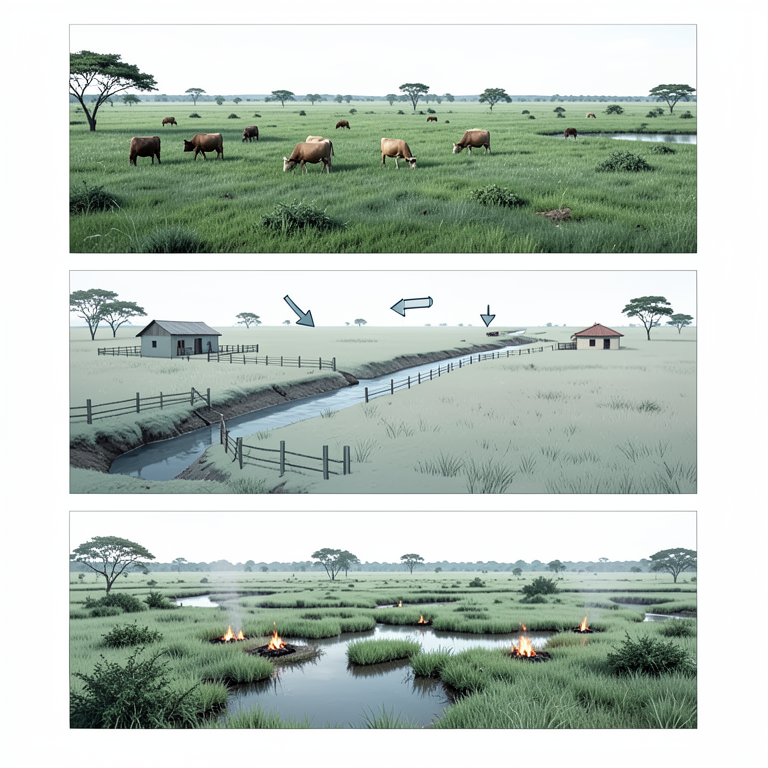 AI-generated conceptual illustration (Okavango Marshlands wetland zones). It explains the idea and does not show study data.