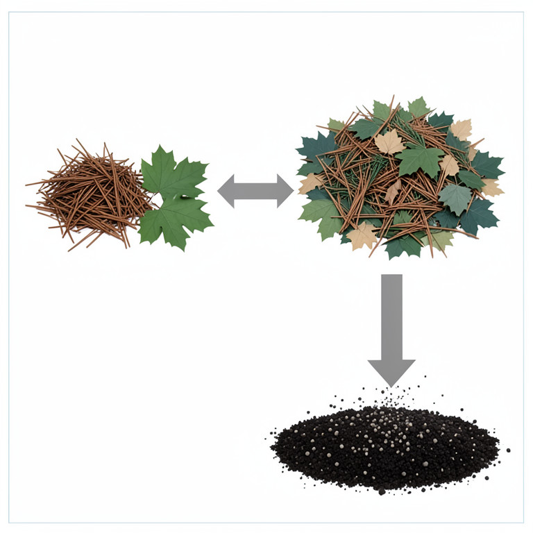 AI-generated conceptual illustration (mixed pine needles and broadleaf maple leaves on a forest floor). It explains the idea and does not show study data.