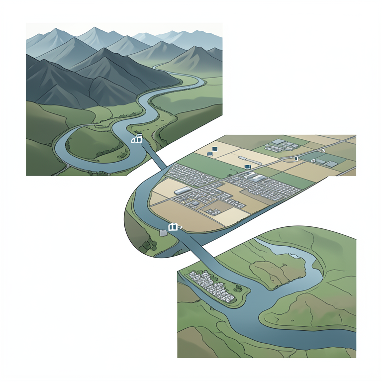 AI-generated conceptual illustration (The Ganga River flowing through the landscape of Uttarakhand and Uttar Pradesh, India). It explains the idea and does not show study data.