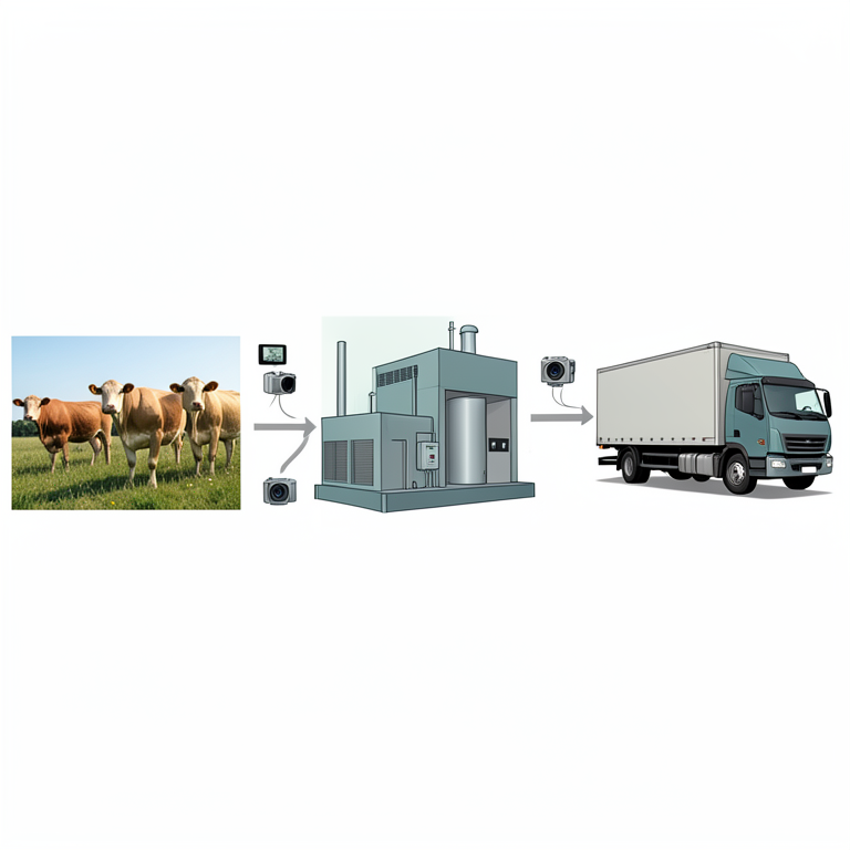 AI-generated conceptual illustration (Livestock food production chain including cattle, a processing facility, and a refrigerated transport truck). It explains the idea and does not show study data.