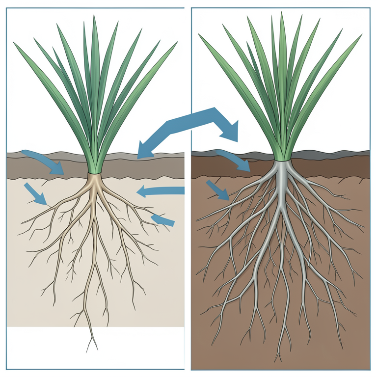 AI-generated conceptual illustration (rice plants (Oryza sativa) root systems). It explains the idea and does not show study data.