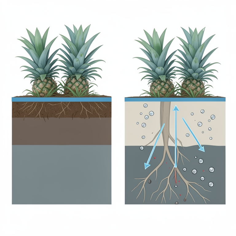 AI-generated conceptual illustration (pineapple plants in drained peat soil). It explains the idea and does not show study data.